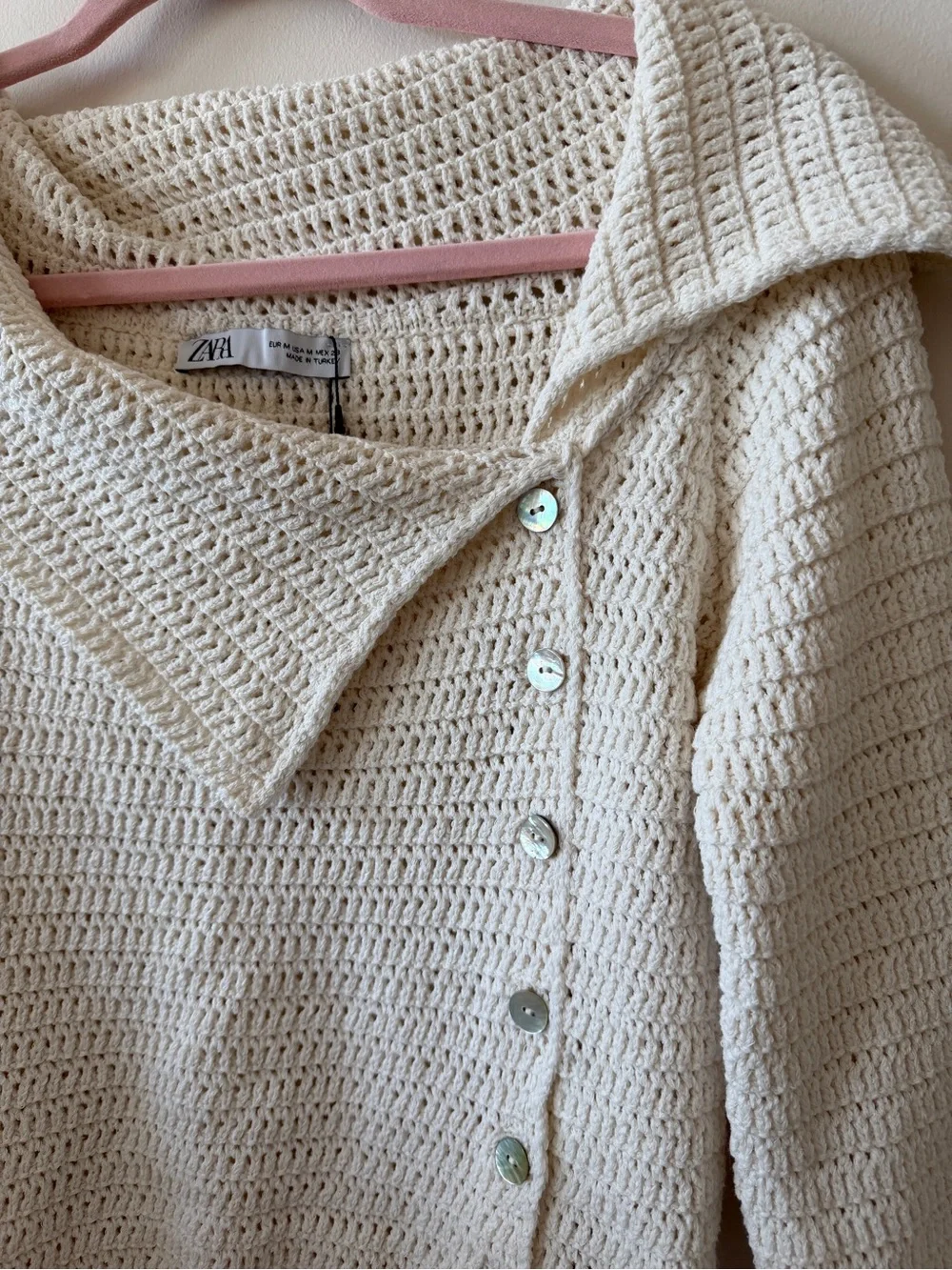 NWT Zara Cream Crocheted Off the Shoulder Button-Front Cardigan Sweater - Picture 5 of 8